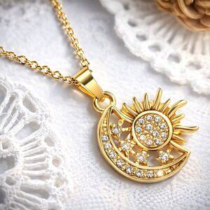 18K Gold Plated Stainless Steel Sun And Moon Cubic Zirconia Pendant Necklace